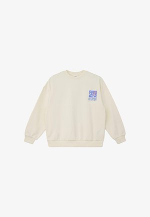 Cremefarbener Sweatshirt mit Rundhalsausschnitt, einem kleinen blauen und pinken Blumenmotiv und dem Text "Flower Market" auf der linken Brust.