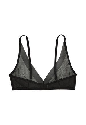 Soutien-gorge noir en maille transparente avec fines bretelles réglables et sans armature, conçu pour un maintien léger et le confort.
