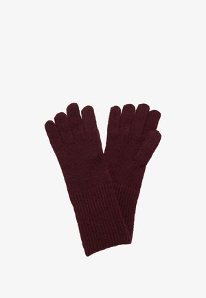 Pair of dark red knitted gloves with ribbed cuffs, designed for warmth and full finger coverage.