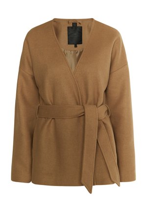 Palton în culoare cămilă, fabricat dintr-un amestec moale de lână, cu decolteu adânc în V, mâneci largi și un cordon asortat la talie.