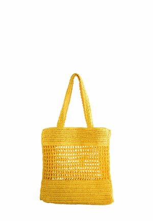 Yellow crocheted tote bag with open weave sections, solid base, and two rounded handles. Lightweight and flexible design.