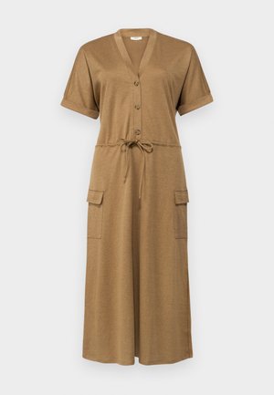 Brown, short-sleeve jumpsuit with a V-neck, button front, tie waist, and two patch pockets, made from soft, textured fabric.