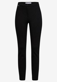 Black fitted trousers with a smooth texture, featuring a zip and button closure, slim legs, and no visible patterns or accents.