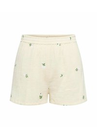 Pantalones cortos de color beige claro hechos de una tela texturizada, con bordados florales en verde y blanco y una cintura elástica para mayor comodidad.
