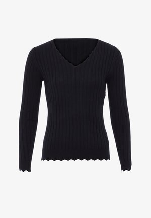 Pulover negru cu nervuri, cu mâneci lungi, decolteu în V și margini zimțate la manșete și tiv. Fabricat dintr-un material moale și elastic.
