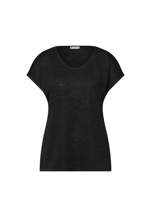 Top nero da donna a maniche corte con scollo rotondo, vestibilità ampia e tessuto leggero, mostrato su uno sfondo bianco.