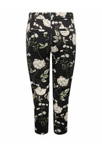 Svarta blommiga byxor med ett mönster som har gröna blad och vita blommor, med resårmidja och två bakfickor.