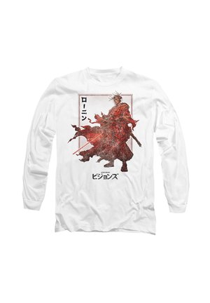 Weißes Langarmhemd mit rotem Samurai, der ein rotes Lichtschwert und ein Schwert hält, umgeben von japanischem Text und Star Wars-Branding.
