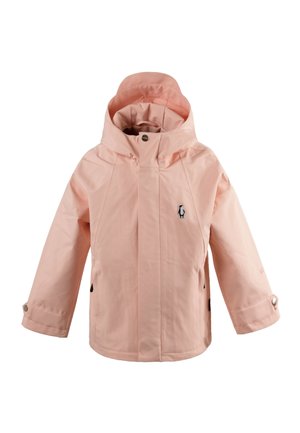 Giacca antipioggia per bambini di colore rosa chiaro con cappuccio, tasche frontali, polsini con bottoni e piccolo logo a pinguino sul petto.
