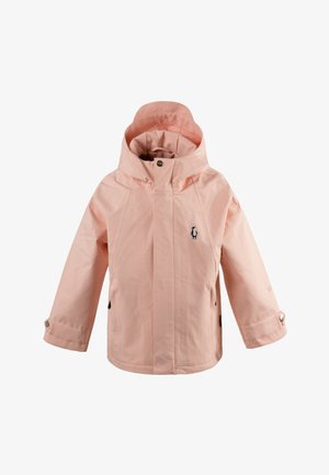 Lichtroze kinderregenjas met capuchon, voorkantzakken, knoopmanchetten en een klein pinguïnlogo op de borst.