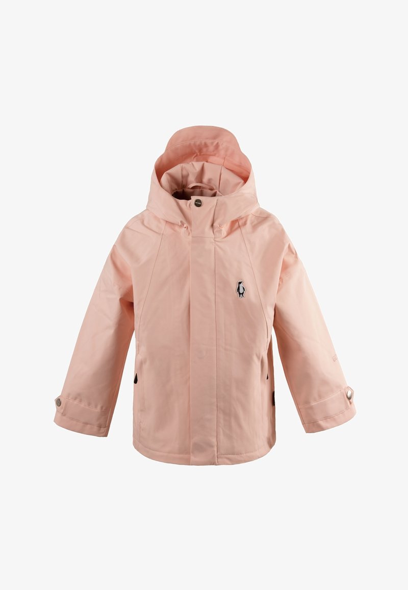 Giacca antipioggia per bambini di colore rosa chiaro con cappuccio, tasche frontali, polsini con bottoni e piccolo logo a pinguino sul petto.