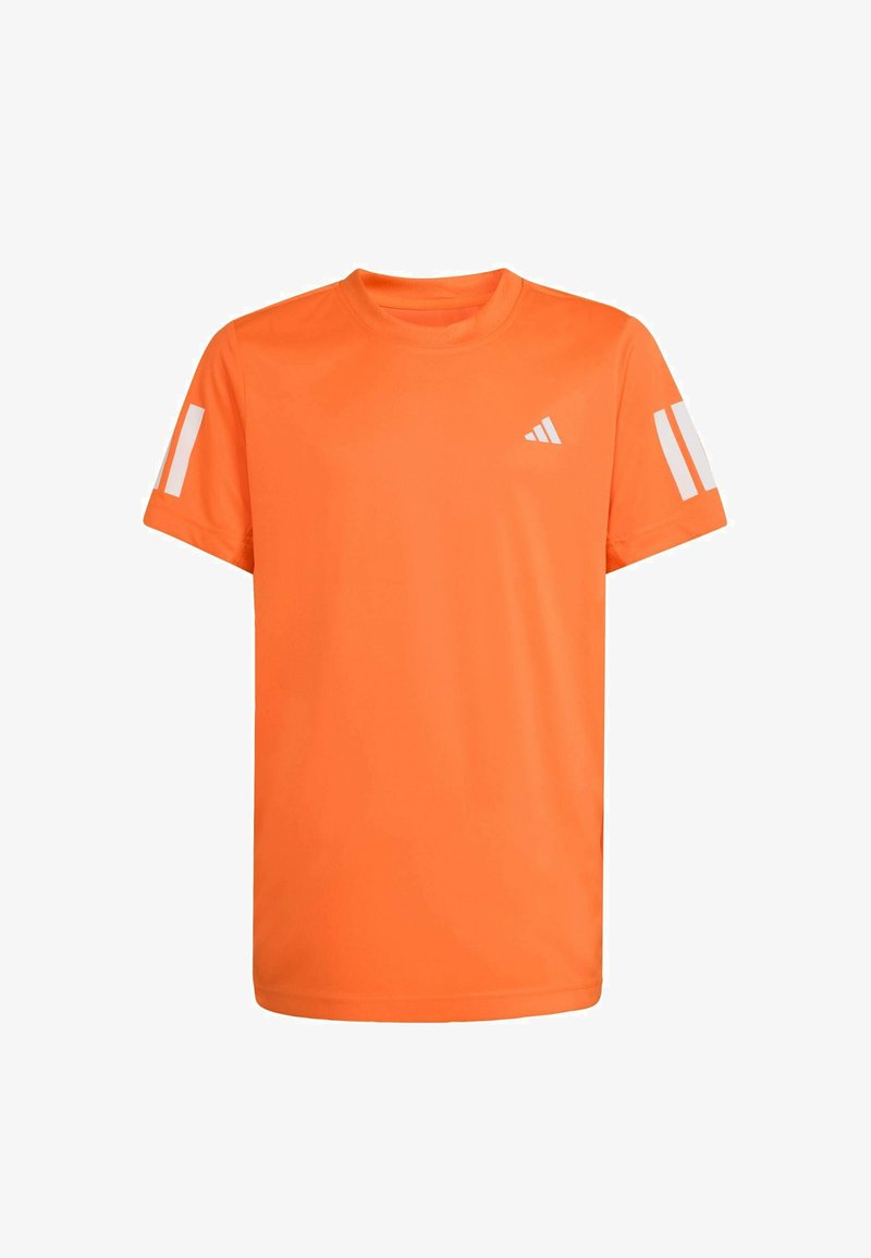 Helles orangefarbenes Kurzarm-T-Shirt aus leichtem Stoff, mit weißen Akzentstreifen an den Ärmeln und einem Logo auf der Brust.