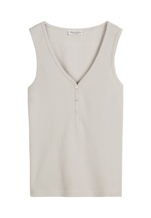 Lichtgrijs geribbeld tanktop met een V-halslijn en drie kleine knopen in het midden. Mouwloos ontwerp en textuurstof.
