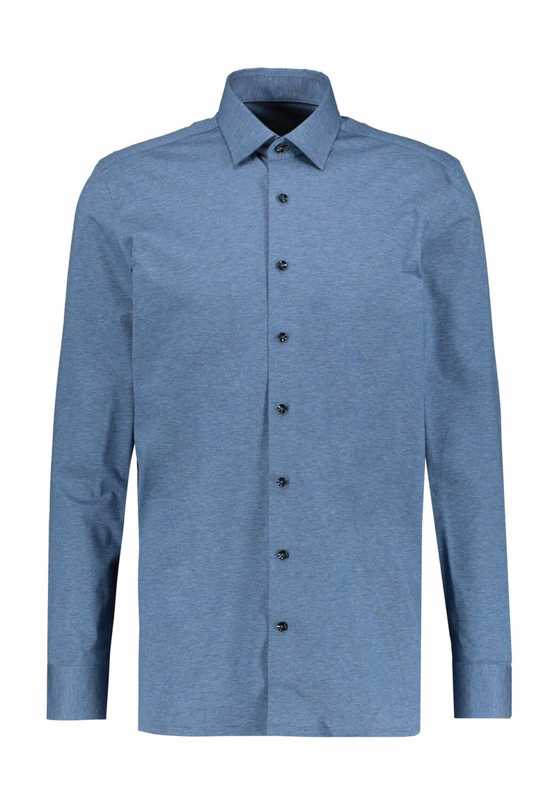 Chemise bleue à manches longues avec boutons, en tissu texturé, dotée d'un col classique et de boutons noirs sur le devant.