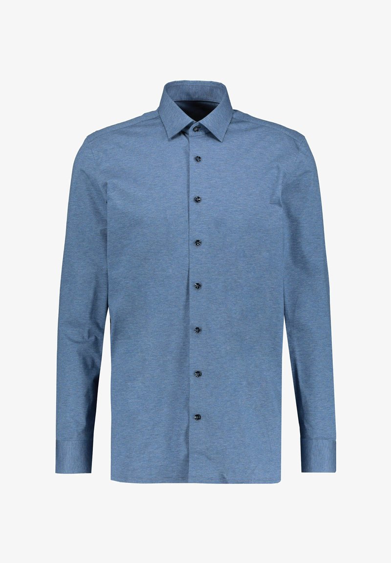 Langärmliges blaues Hemd mit Knöpfen aus strukturiertem Stoff, ausgestattet mit einem klassischen Kragen und schwarzen Knöpfen entlang der Vorderseite.