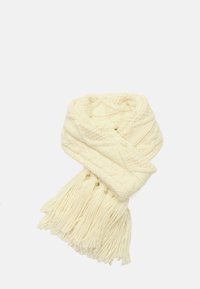 Sciarpa cremisi lavorata a maglia con motivo a treccia e lunghi fringed. Tessuto morbido, design versatile adatto per il clima freddo.