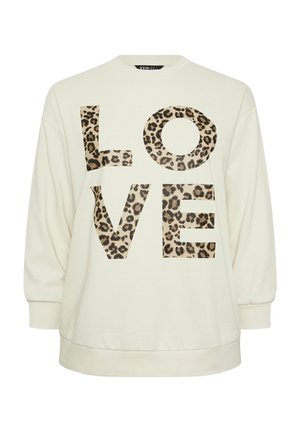 Crème-kleurige sweatshirt met het woord "LOVE" in grote, dierenprint letters. Het heeft een ronde halslijn en elastische manchetten.