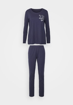 Navy long-sleeve top with a round neckline and white text, paired with matching navy pants featuring a fitted design and elastic waistband.