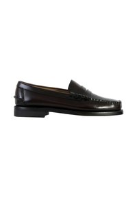 Mocassins en cuir noir avec un bout arrondi, une couture décorative et un léger talon. Texture lisse avec une finition brillante.