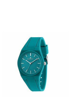 Orologio da polso color teal con quadrante rotondo testurizzato, indici e lancette argentate e cinturino flessibile con fibbia regolabile.