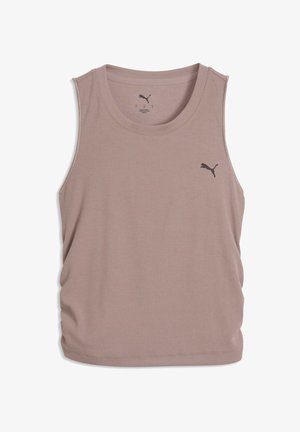 Jasnofioletowy bezrękawnik z prążkowanej tkaniny. Posiada okrągły dekolt i małe czarne logo Puma z przodu.