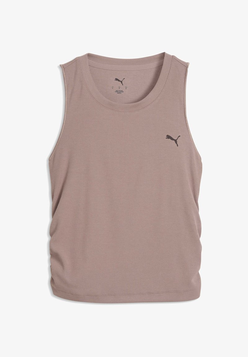 Débardeur sans manches mauve clair en tissu côtelé. Présente un col rond et un petit logo Puma noir sur le devant.