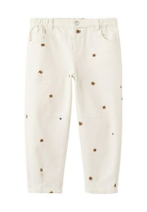 Pantalon blanc cassé avec une broderie de petites fleurs marron et bleues éparpillées sur le tissu, doté de poches avant et d'une fermeture à boutons.