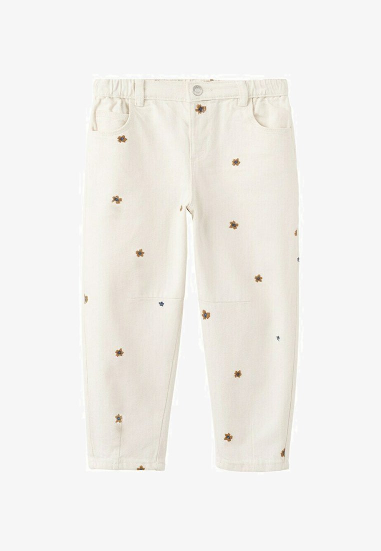 Kremasto-bele hlače s majhnimi rjavimi in modrimi cvetličnimi vezeninami raztresenimi po tkanini, s prednjimi žepi in zapenjanjem na gumb.