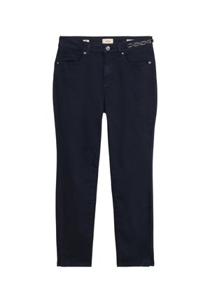 Jean en mélange de coton bleu marine avec une coupe slim, cinq poches, fermeture à bouton en métal et une ceinture décorative avec des maillons circulaires.