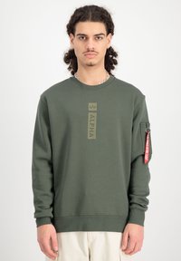 Sudadera verde hecha de una mezcla de algod�ón, con un logo en la parte frontal en verde apagado, puños acanalados y un bolsillo lateral con una etiqueta roja.