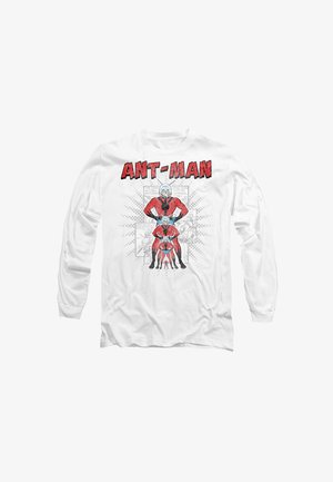White long-sleeve shirt featuring Ant-Man graphic. Design includes red and black superhero imagery and bold "ANT-MAN" text.