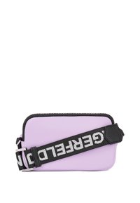 Lilac synthetic leather bag with a black strap featuring white text. The bag has a zip closure and a rectangular shape with a smooth texture.