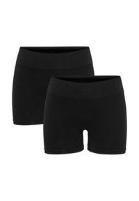 Schwarze Kompressionsshorts aus elastischem Material mit einem breiten Bund, die eine glatte Oberfläche und eine enge Passform bieten. Zwei Paare abgebildet.