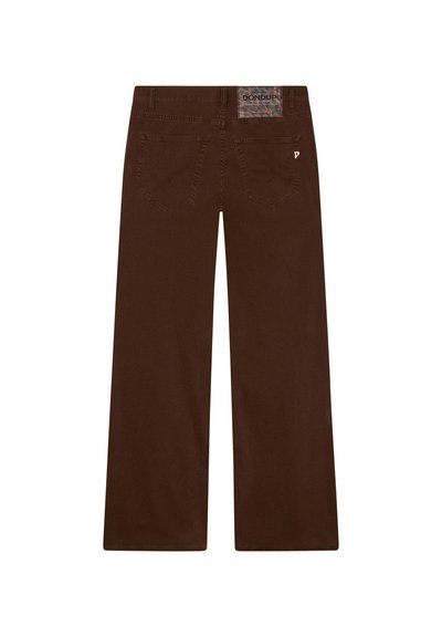 Bruine wijde broekspijpen van katoen, met achterzakken en een merkleren label op de tailleband.
