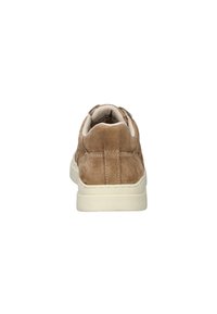 Bruine suede sneaker met een witte rubberen zool, ronde achterkant en gewatteerde kraag. Minimalistisch ontwerp, geen zichtbare patronen of hardwaredetails.