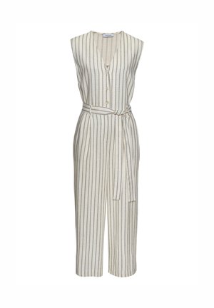 Sleeveless jumpsuit in light beige fabric with vertical gray stripes, featuring a v-neck, buttons, and a belted waist.
