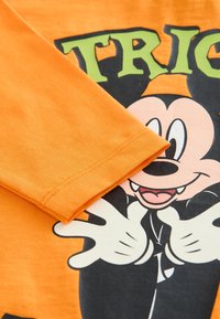 Orange bomuld T-shirt med et grafisk tryk af en tegneseriefigur og fed grøn tekst. T-shirten har lange ærmer og rund halsudskæring.