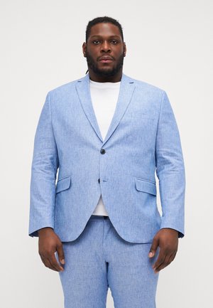 Light blue, textured suit jacket with a notched lapel, single button closure, and two front pockets. Worn over a white T-shirt.