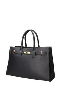 Zwarte leren handtas met gestructureerde vorm, dubbele handvatten, accenten van goudkleurig beslag en een textuur oppervlak. Voorzien van een sluiting met klapsluiting aan de voorkant.