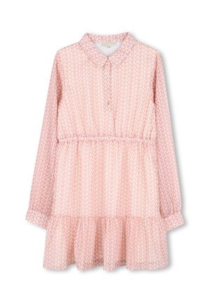 Robe rose à manches longues avec motif de flèches blanches, col, boutons sur le devant, taille élastique et ourlet à volants.