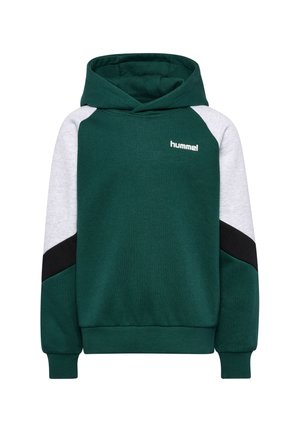 Grøn hættetrøje med lysegrå og sorte diagonale ærmepaneler og hvid "hummel"-logo på brystet, med ribstrikkede manchetter og kant.