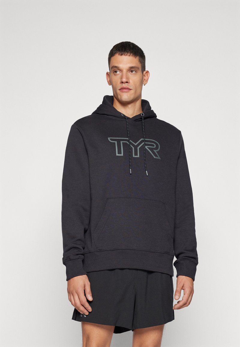 Dark gray hoodie with a front kangaroo pocket, drawstring hood, and a large TYR logo in a lighter shade across the chest.