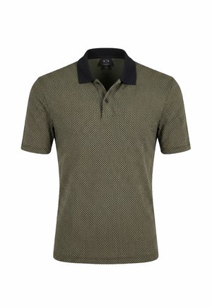 Heren poloshirt met korte mouwen met olijf- en beige klein stippenpatroon, zwarte kraag en twee knopen.