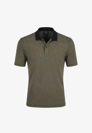 Heren poloshirt met korte mouwen met olijf- en beige klein stippenpatroon, zwarte kraag en twee knopen.