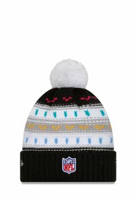 Berretto di lana con pom-pom bianco, caratterizzato da strisce nere, grigie e bianche, con motivi colorati. Logo della NFL sul risvolto.