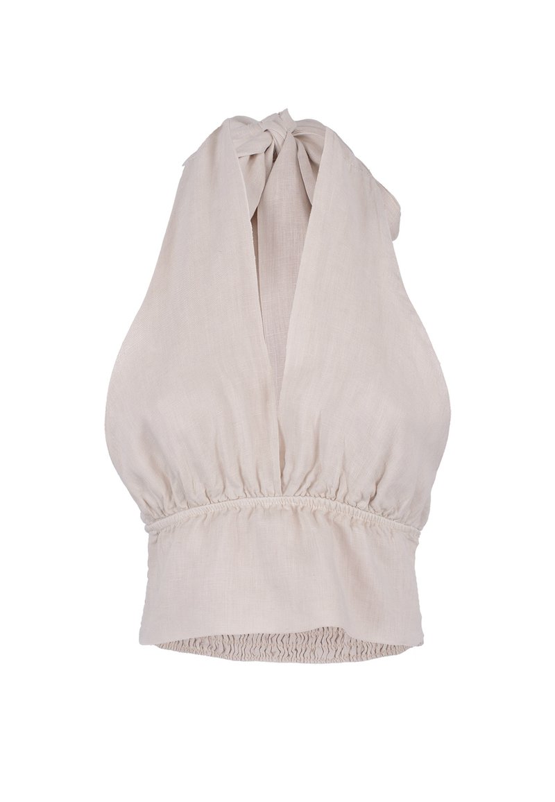 Lichtbeige haltertop van linnen, met een diepe V-hals, gesmokt taille en een gestrikt nekomslag. Gladde textuur met een vloeiende pasvorm.