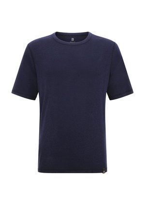 T-shirt blu navy a maniche corte con scollatura rotonda, realizzato in tessuto morbido e testurizzato; presenta un piccolo logo etichetta all'orlo.