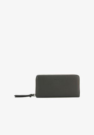 Dark gray leather wallet with a zipper closure, rectangular shape, textured surface, and a decorative zipper pull. Limited branding visible.