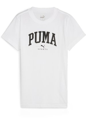 Camiseta de algodón blanca con un gráfico negro de "PUMA" y el texto "SPORTS" abajo. Manga corta y escote redondo. Tejido ligero.