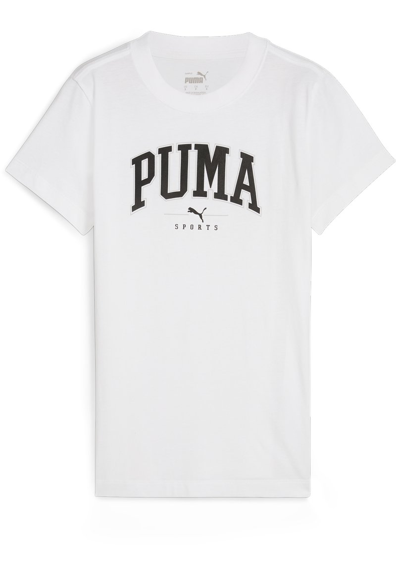 Camiseta de algodón blanca con un gráfico negro de "PUMA" y el texto "SPORTS" abajo. Manga corta y escote redondo. Tejido ligero.